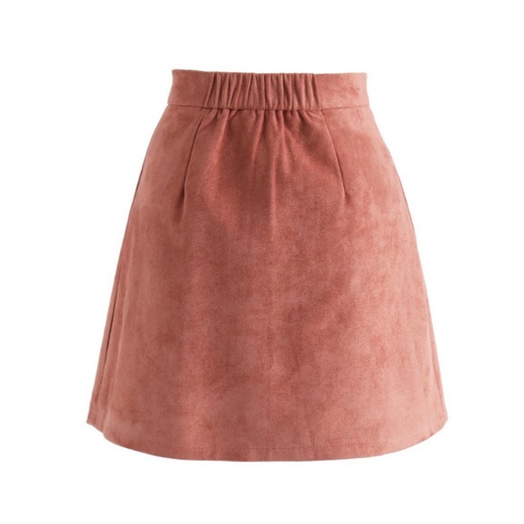 Pink Suede Button Down Pleated Skirt - Picture 2 of 4